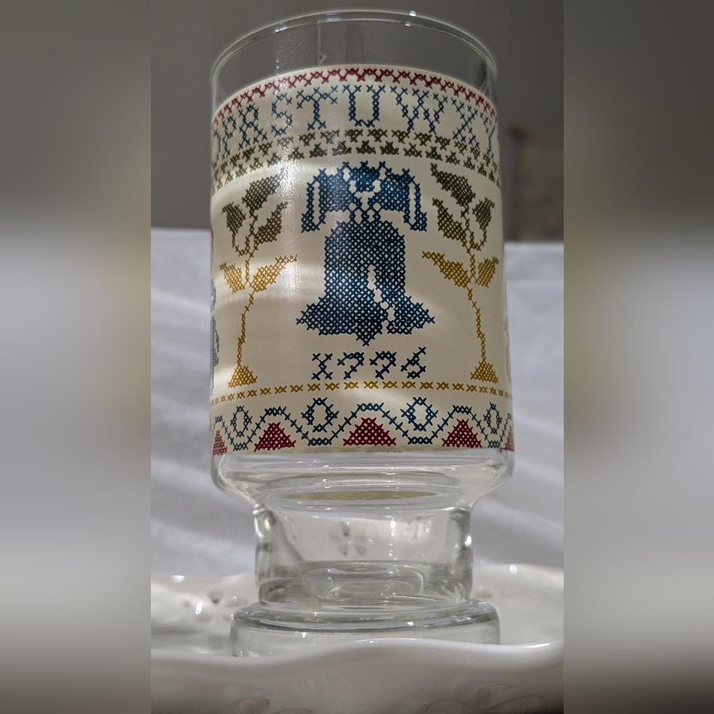 1970s Liberty Bell 1776 Cross Stitch Glass Tumbler